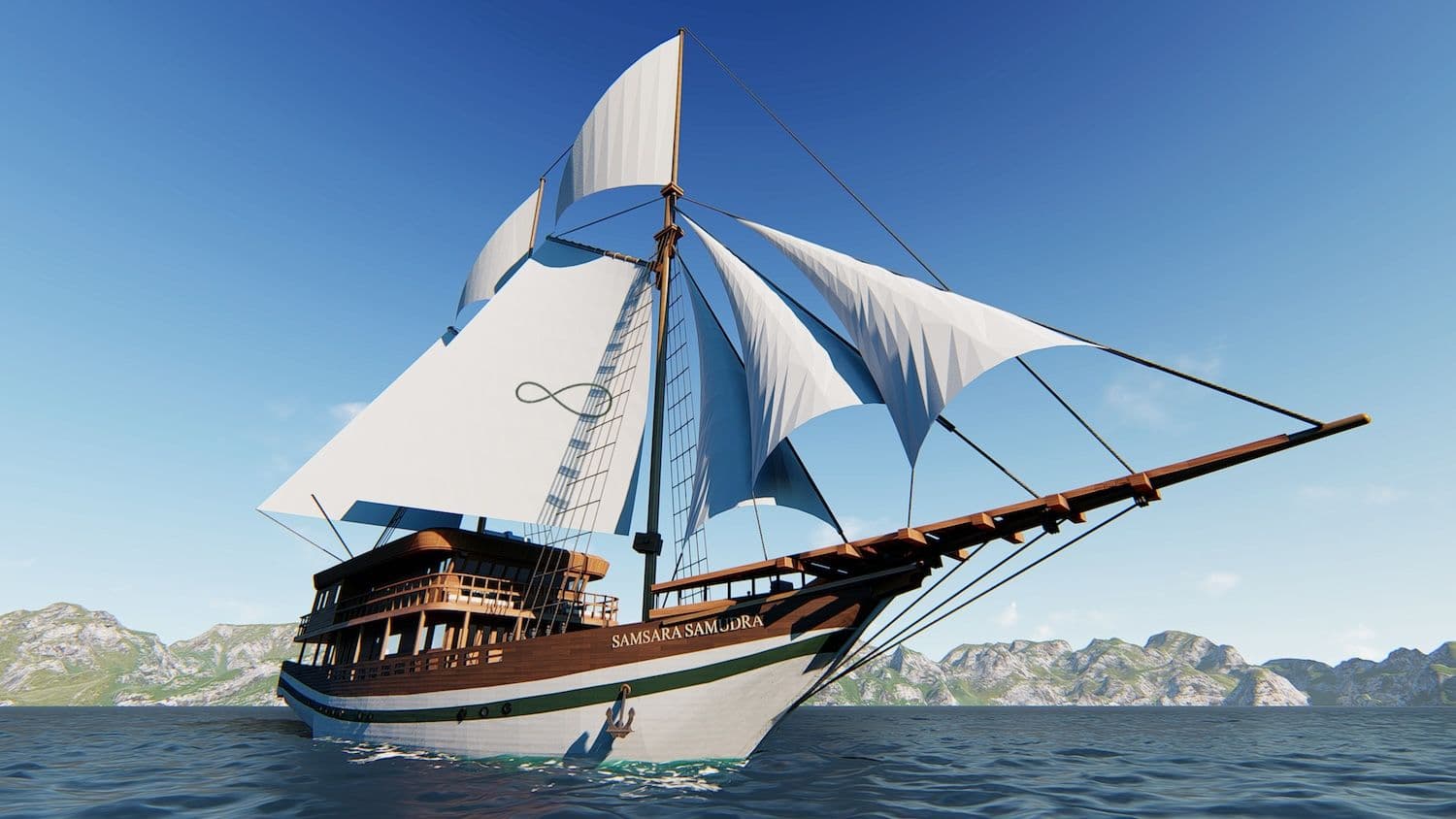 samasara samudra boat, white big sail, wooden boat exterior