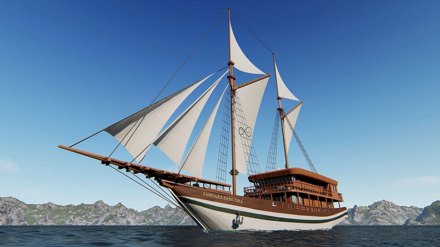 samsara samudra boat, white big sail, wooden exterior, deep blue sky