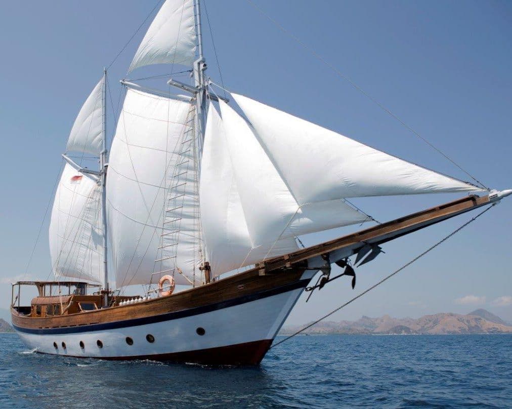 anne bonny boat, white big sails, wooden exterior, blue sky view on the background