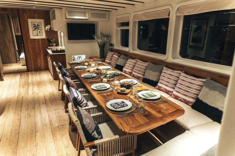 dining table at rascal boat, wooden dining table