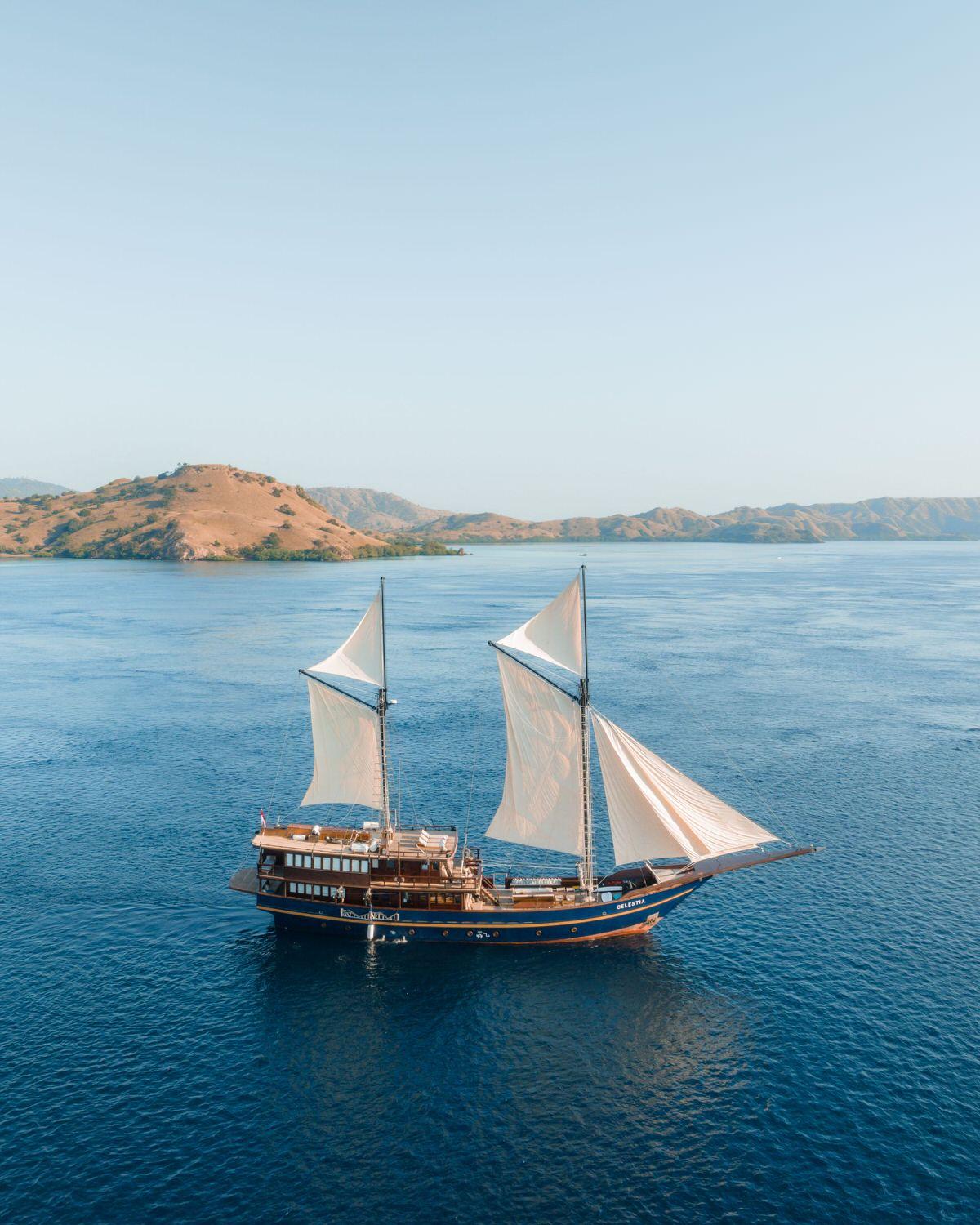 Celestia yacht, blue sea water, panoramic view